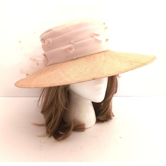 VTG Sonni San Francisco Straw Hat Wide Brim Tulle/Pk Rose Garden Party Wedding main image 11